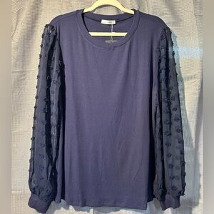Navy Women's Ribbed Top with Sheer Sleeves